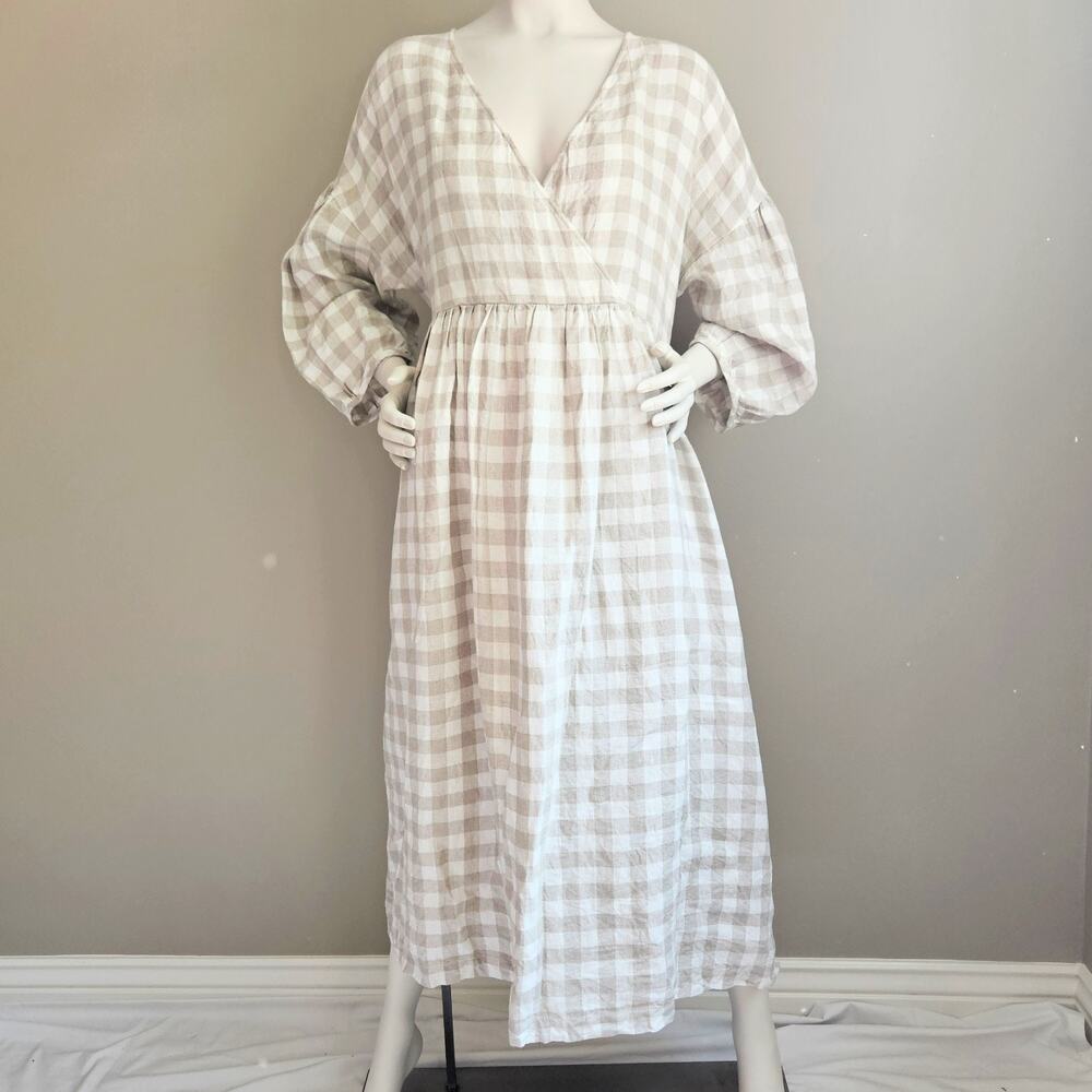 OffOn Clothing Linen V Neck Puff Sleeves Gingham Maxi Dress Sz XXL Wrap Pockets